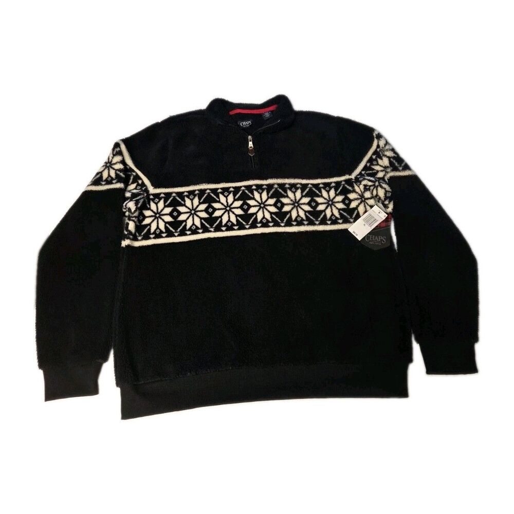 CHAPS Mens XL Black Holiday Quarter Zip Sweater Fairisle Snowflake Christmas New